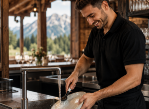 Küchenhilfe in Oberjoch beim Spülen in der Restaurantküche