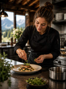 Köchin in Oberjoch richtet in der Küche eines Bergrestaurants einen Teller an