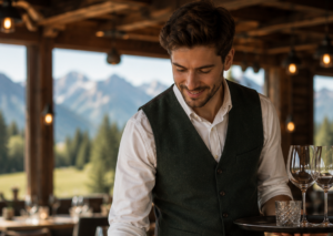 Servicekraft in Oberjoch serviert als Gastgeber in einem Bergrestaurant