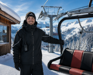 Seilbahnmitarbeiter in Oberjoch steht im Schnee neben einer Sesselbahn