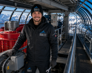 Maschinist in Oberjoch bei Wartungsarbeiten an der Antriebstechnik einer Seilbahn